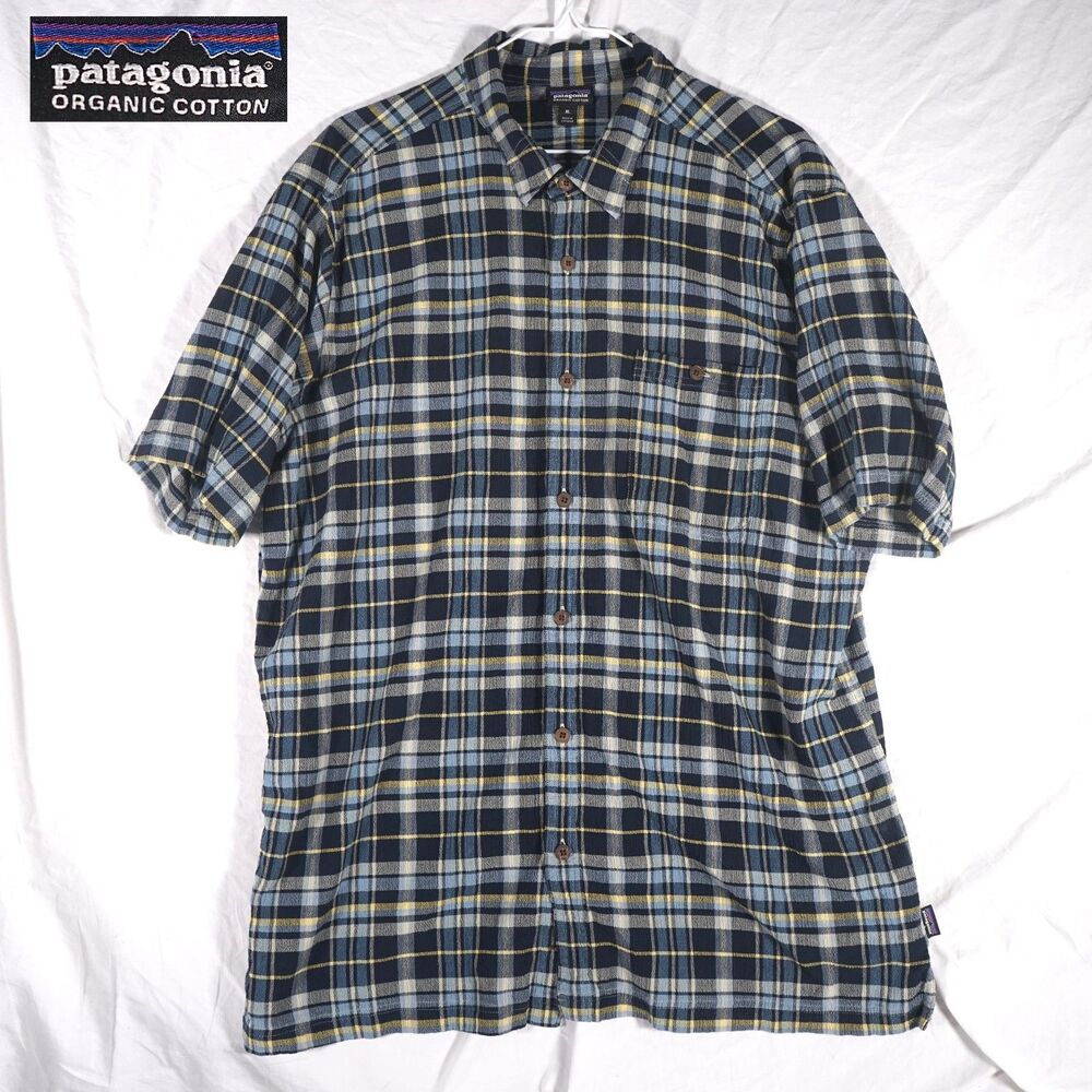 Patagonia Organic Cotton Button Up Shirt Plaid Seersucker Black Blue Mens XL